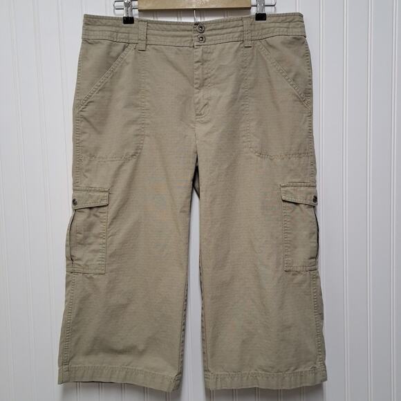 Gander Mountain Capri Cargo Pants Womens 12 Beige 100% Cotton Ripstop Wide Leg - Picture 1 of 15